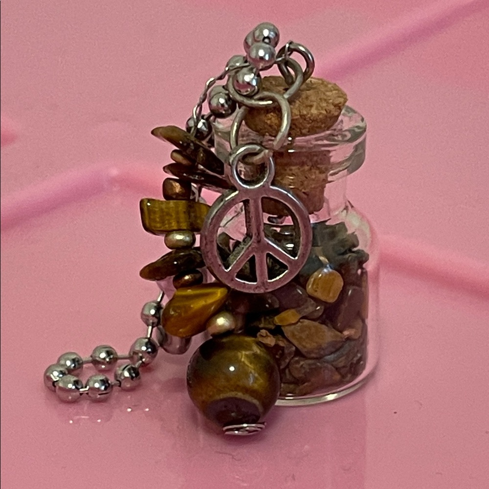 Peaceful Intent Glass Vial Keychain w/ Golden Tigers Eye & Peace Sign Charm